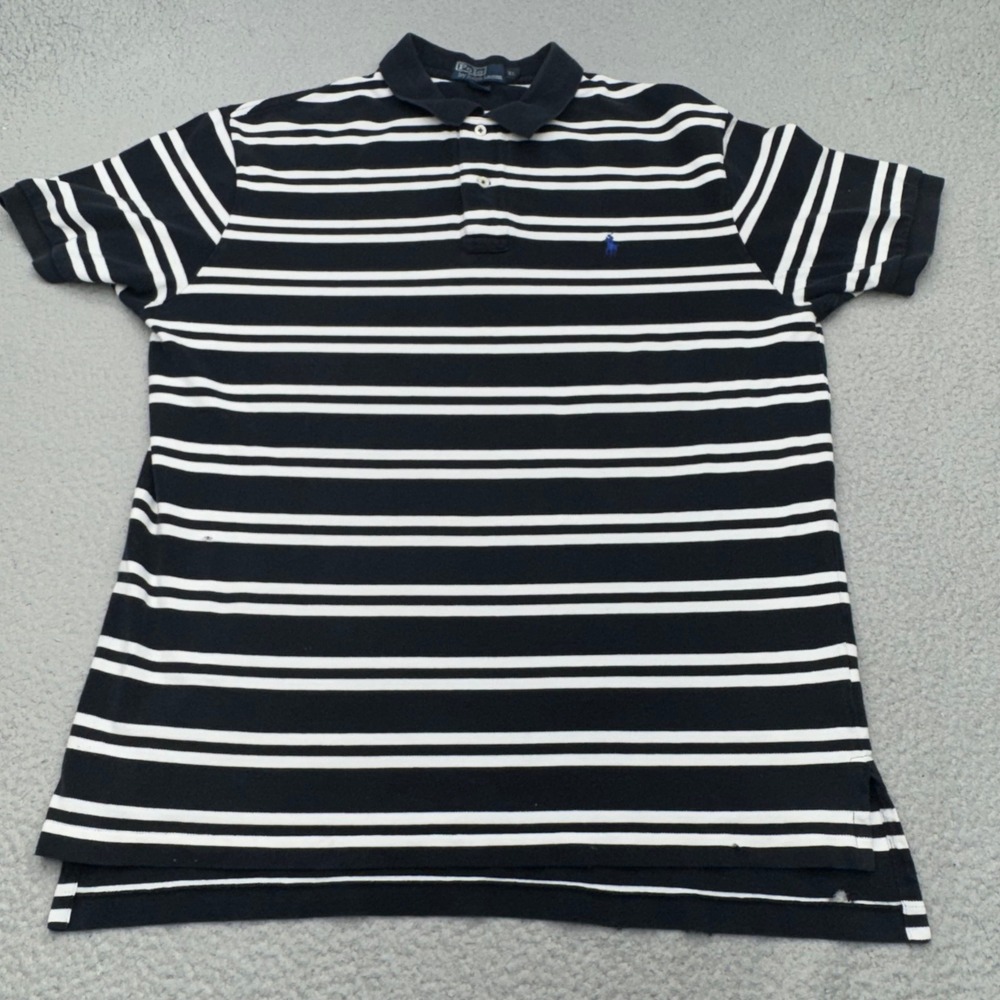 Polo Ralph Lauren Mens XL Black White Striped Short Sleeve Polo Shirt Blue Pony